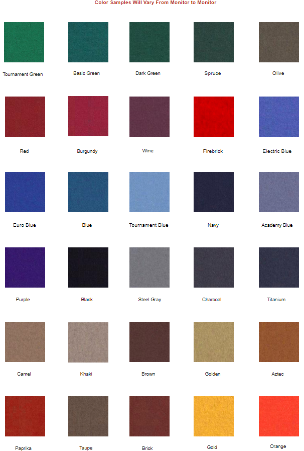 ProLine Billiard Cloth Color Swatches